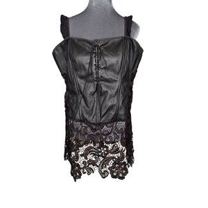 Plus Size Black Lace & Faux Leather Corset Top With Lace-Up Front